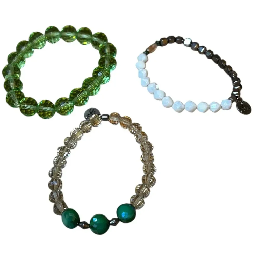 Lot of 3 Beaded Bracelets - Green, White, Silver & Earth Tones